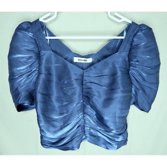 DO+BE Iridescent Blue Top Balloon Sleeves Cropped Blouse Women's Medium EUC - Picture 1 of 12